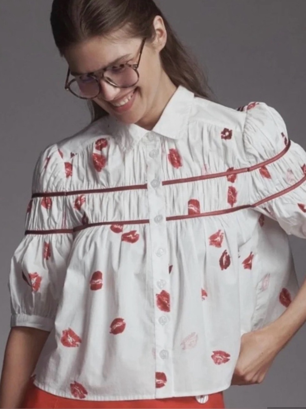 MAEVE White Button-Front Peasant Top with RED LIPS Print XL ANTHROPOLOGIE NWOT - Picture 2 of 8